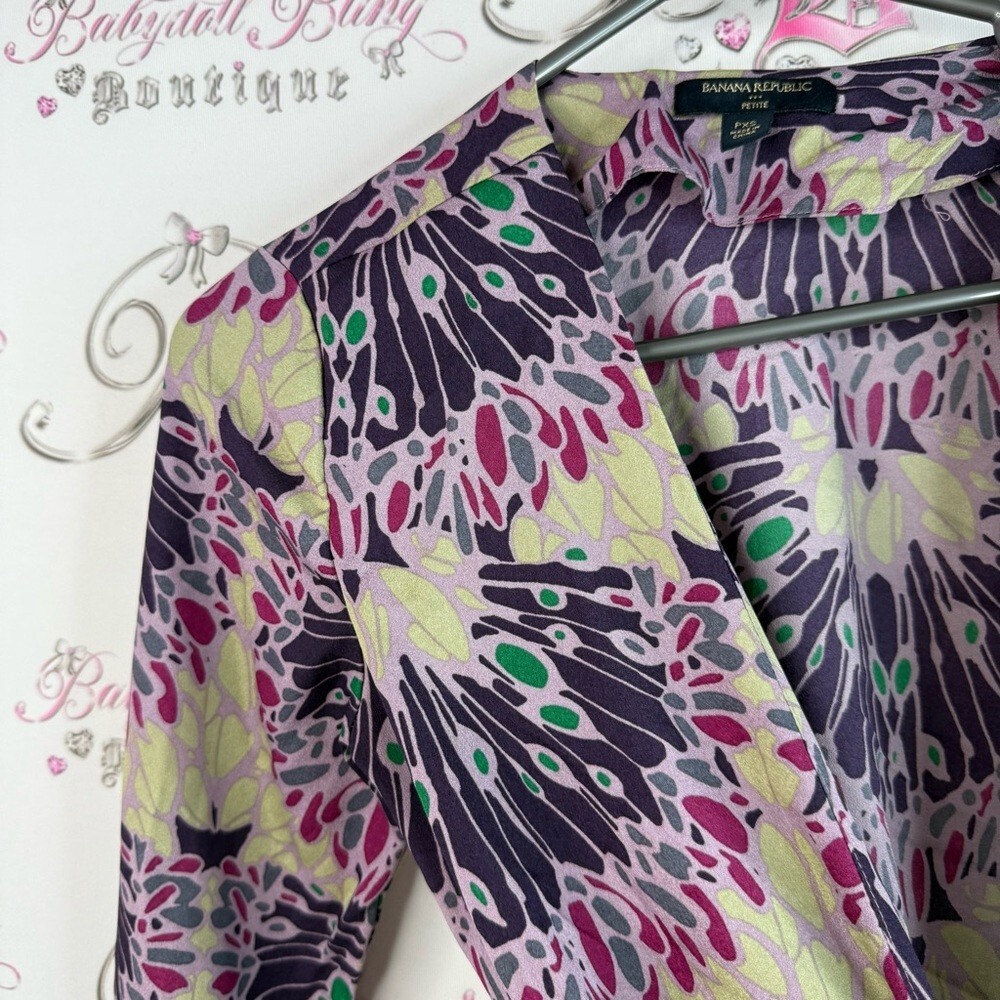 Banana Republic blouse long sleeve floral Purple and Green Wrap shirt tie up - Picture 7 of 13